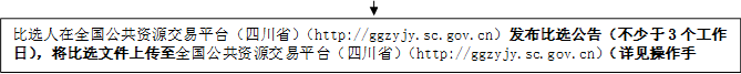 比選人在全國公共資源交易平臺（四川?。╤ttp://ggzyjy.sc.gov.cn）發(fā)布比選公告（不少于3個工作日），將比選文件上傳至全國公共資源交易平臺（四川?。╤ttp://ggzyjy.sc.gov.cn）（詳見操作手冊）。

